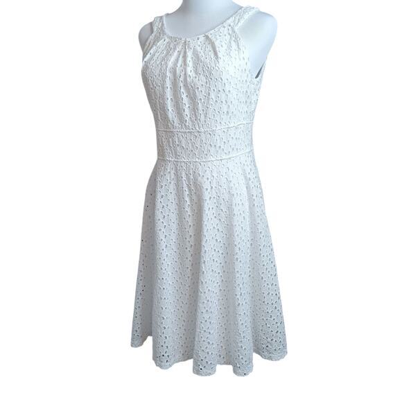 LONDON STYLE‎ White Eyelet Midi Dress 8 Flowy Full Skirt Girly Coquette Retro - Picture 2 of 12